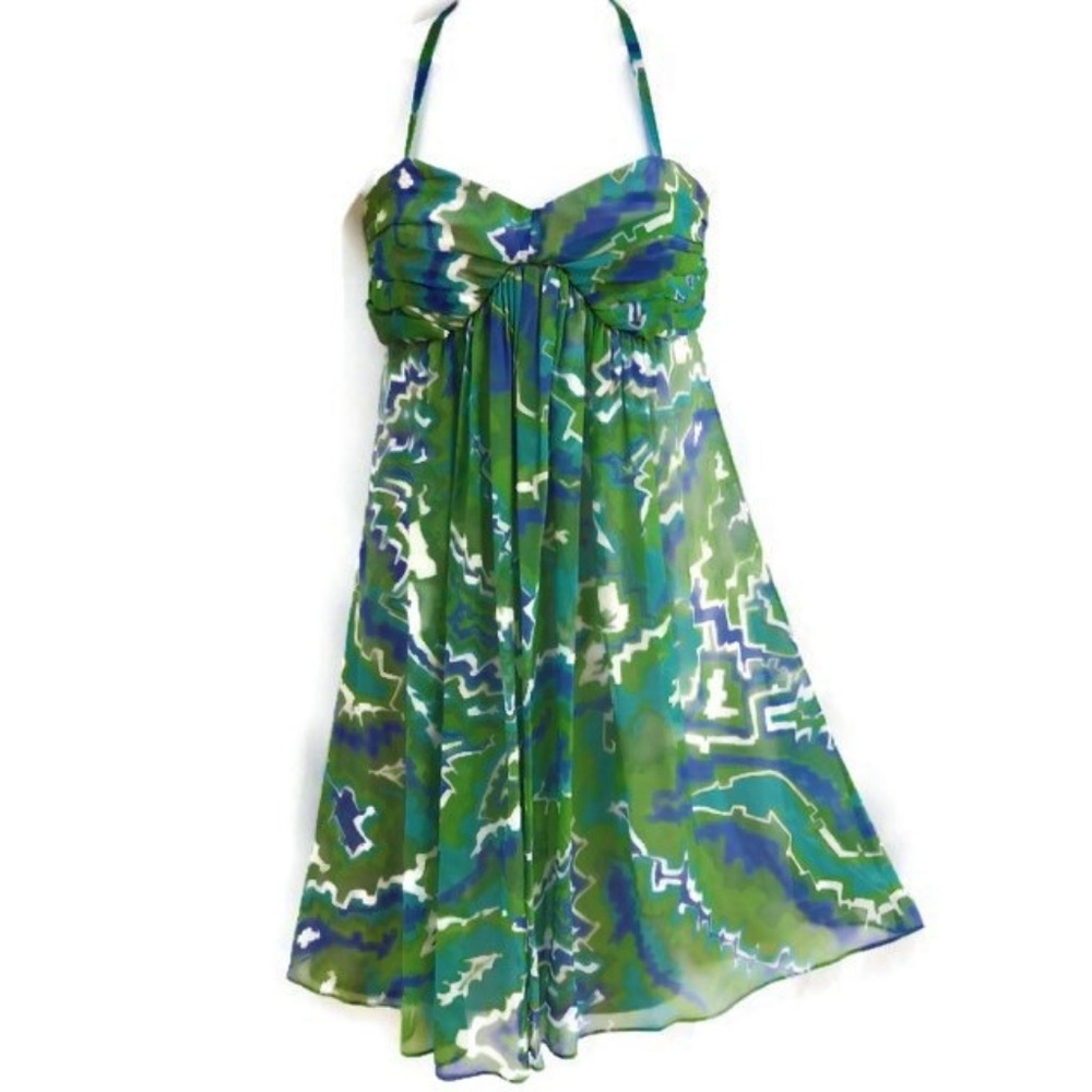 SiLK Marciano Pure Silk Babydoll Green Mini Dress Empire Adj Straps Zip Lined S